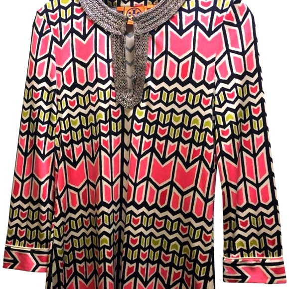 Tory Burch Tops - Tory Burch pink and black silk tunic. Size 8.